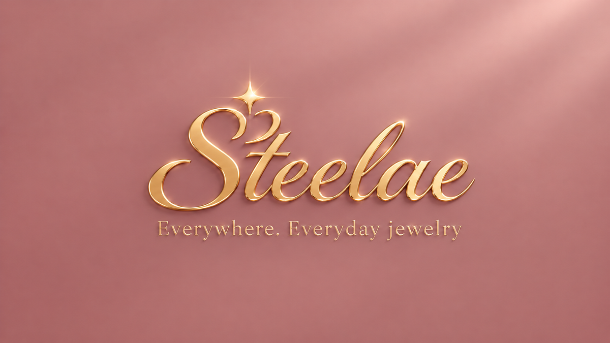 Steelae gold logo and tagline on soft blush mauve background