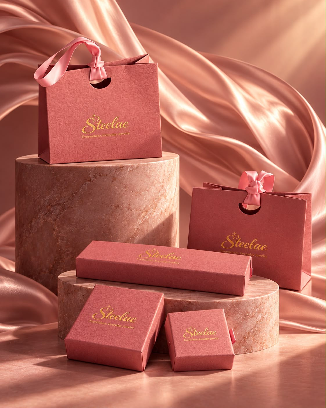 Steelae jewelry packaging on rose-toned display