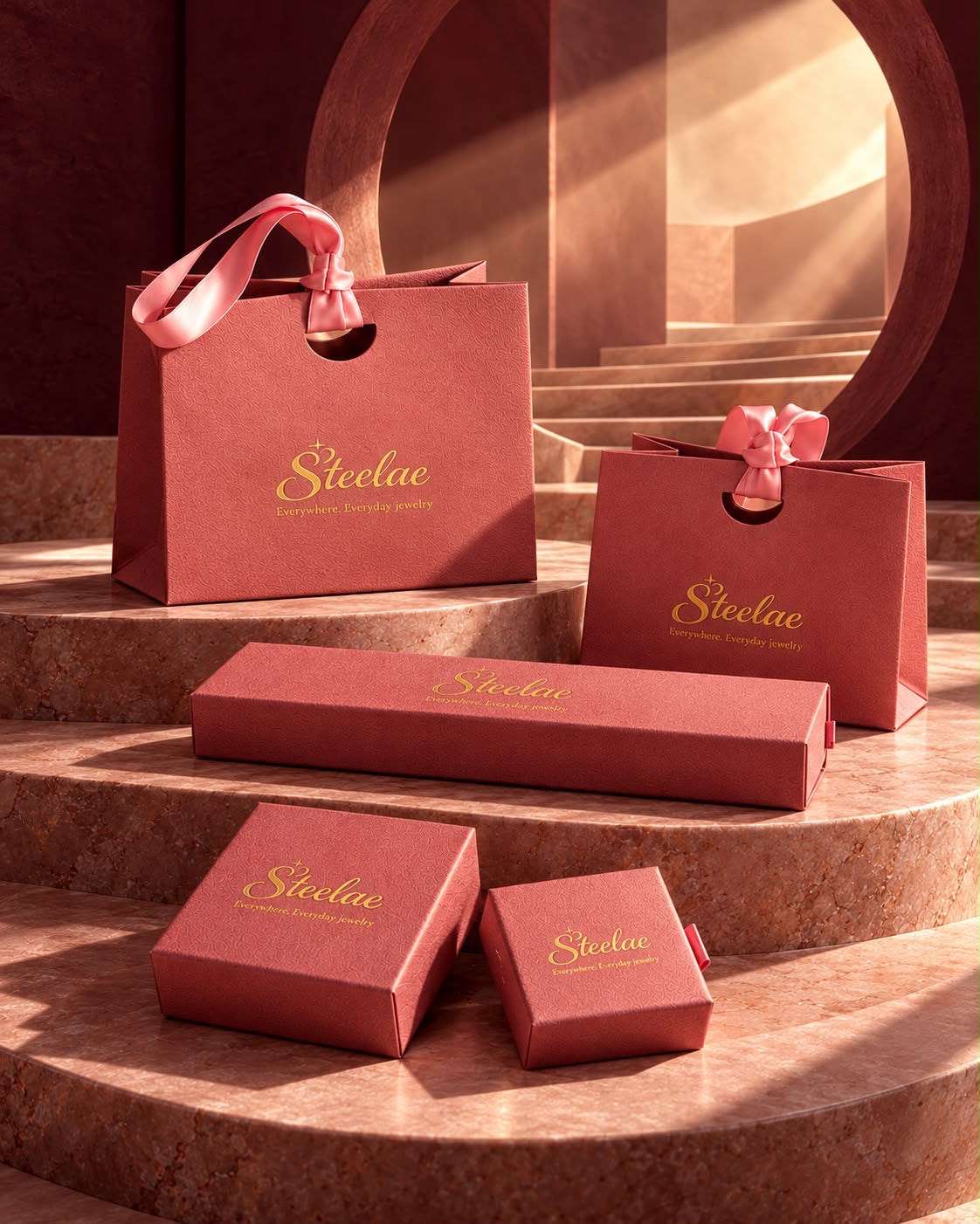 Steelae jewelry packaging in warm architectural setting